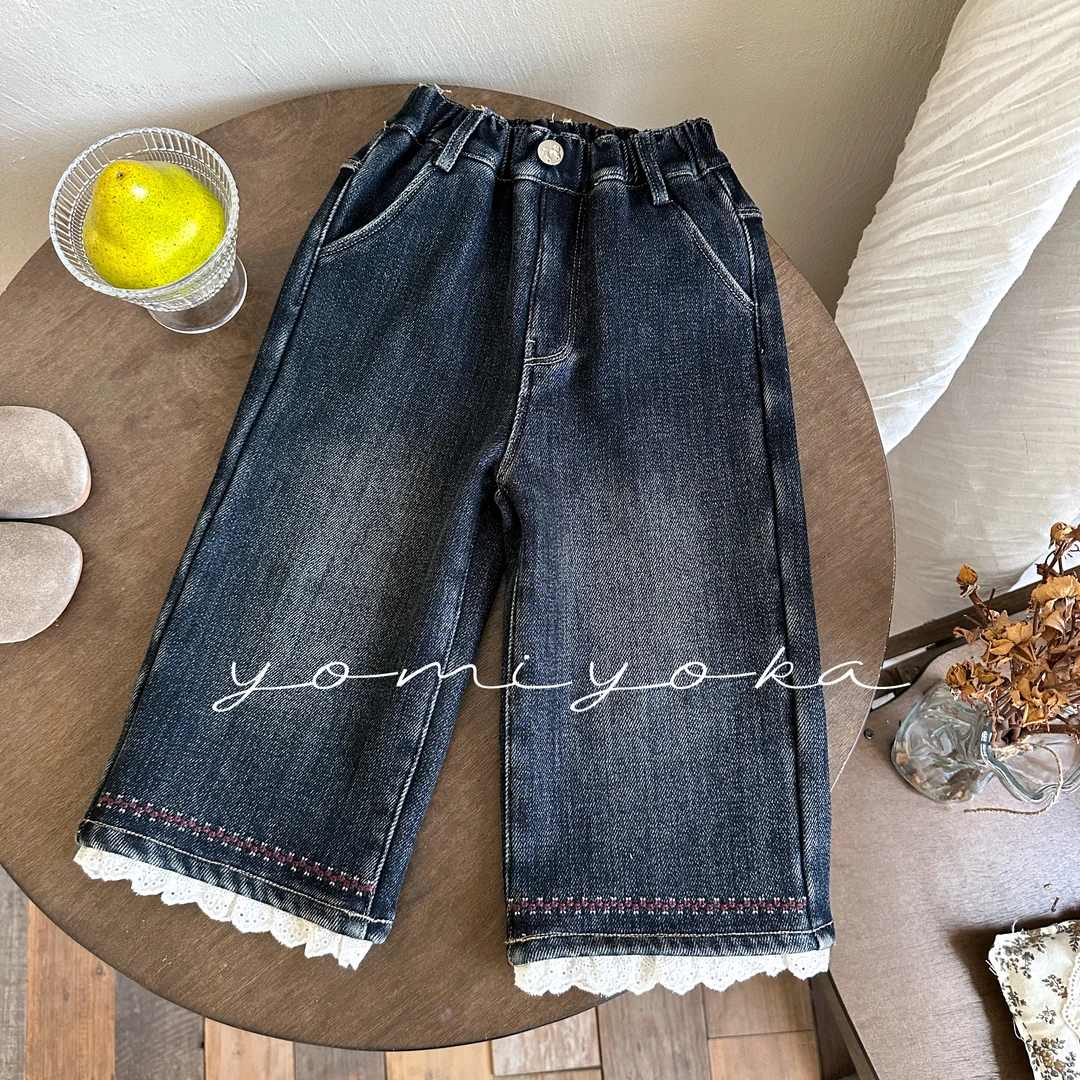 【现货】童装2024冬季新款儿童加绒脚口花边牛仔裤244-优米优卡-121