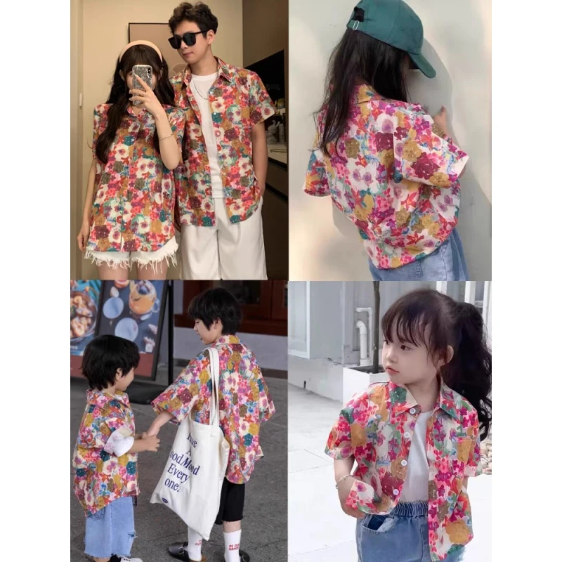炸街亲子装花衬衫港风2024夏季一家三口母子母女装多巴胺海边度假