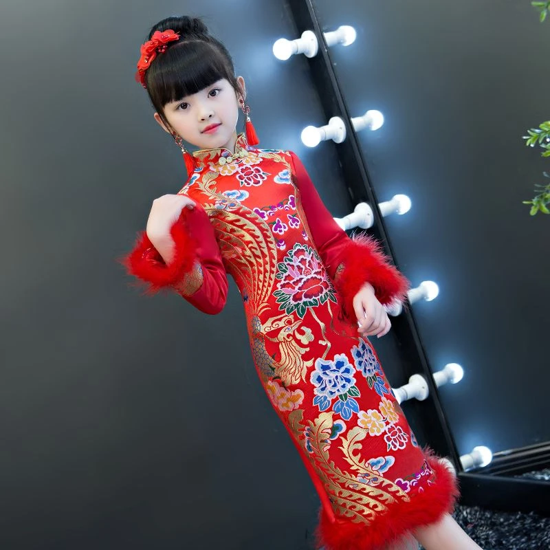 女童旗袍裙长袖冬季裙子加绒加厚儿童旗袍女拜年服宝宝过年服冬装
