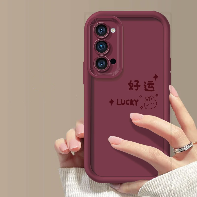 简约好运适用opporeno4手机壳硅胶新款潮流ins风山茶红全包边肤感