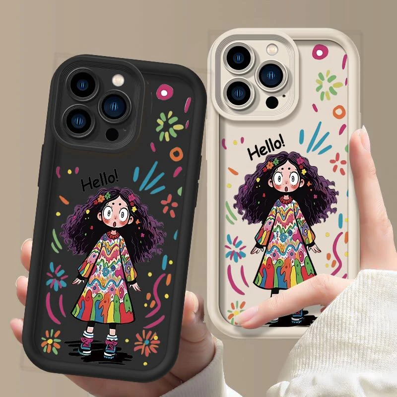 卷发涂鸦女孩适用iPhone苹果12promax手机壳卡通新款肤感硅胶女潮