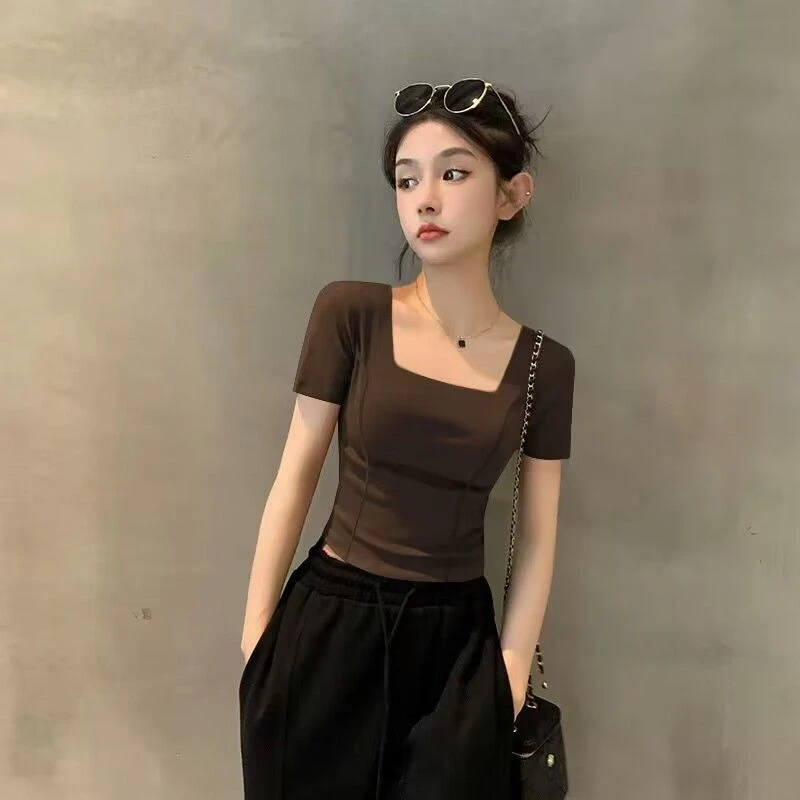 2025新款夏季咖色方领短袖T恤女修身短款螺纹鱼骨正肩显瘦上衣女