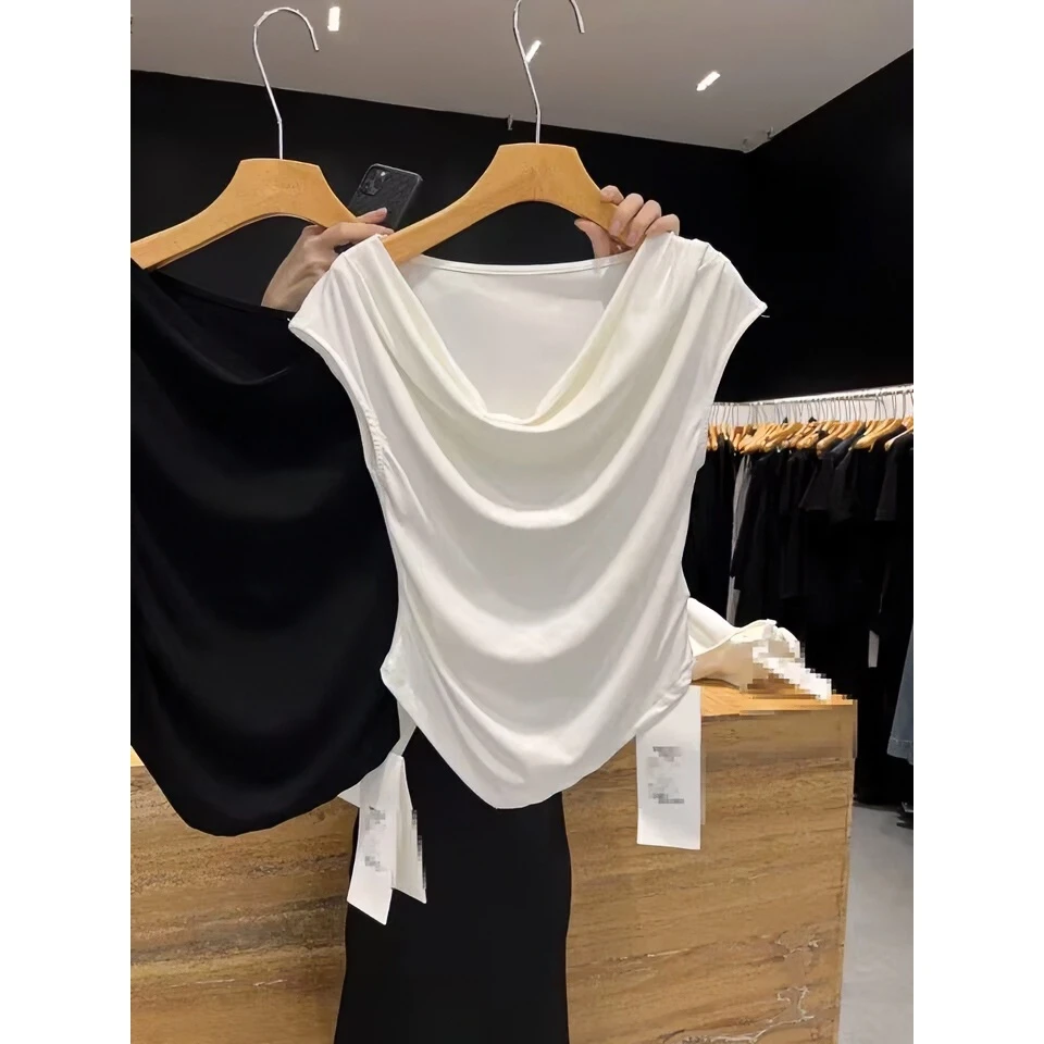 2025夏季新款设计感小众辣妹短袖t恤女气质荡领修身显瘦女上衣潮