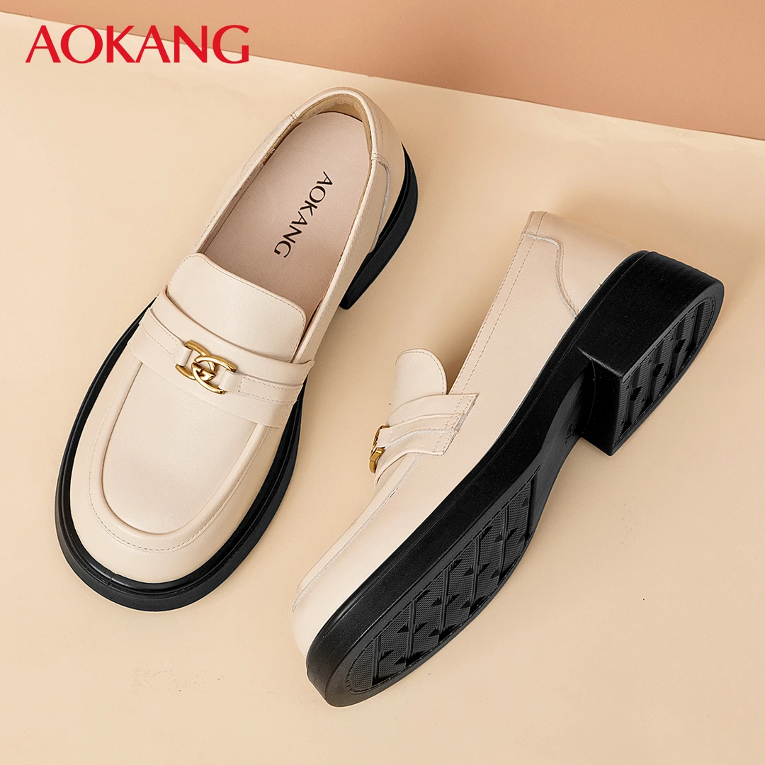 Aokang/奥康春秋时尚百搭厚底圆头乐福鞋真皮软底粗跟复古女单鞋
