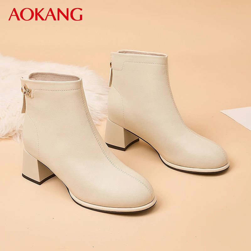 Aokang/奥康时装靴法式粗跟秋冬季加绒百搭瘦瘦靴女靴短靴高跟鞋