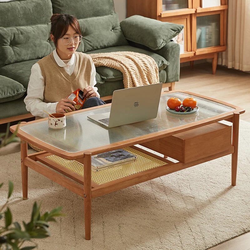 实木茶几长虹玻璃茶几桌长方形边桌客厅简约小户型北欧 樱桃