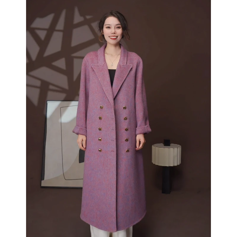 [金紫交辉]高级感桑蚕丝双面羊毛长大衣宽松双排扣长款毛呢厚外套