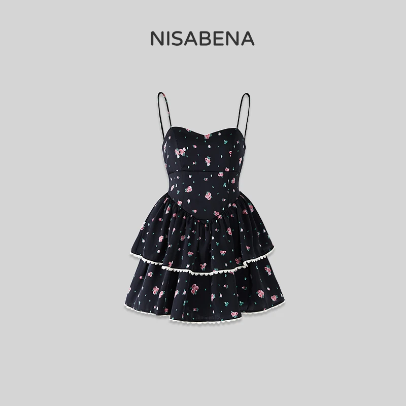 nisabena【夏夜】小众辣妹连衣裙女装玫瑰印花法式时尚蕾丝吊带裙子