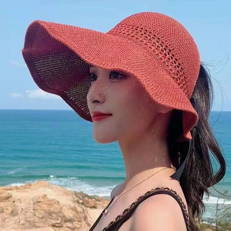 新款空顶卷卷遮阳帽预付渔夫帽方便携带夏季编织百搭时尚镂空女士