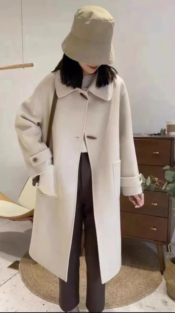 ［硕和集］973026韩版牛角扣双面大衣秋冬新款小个子中长款