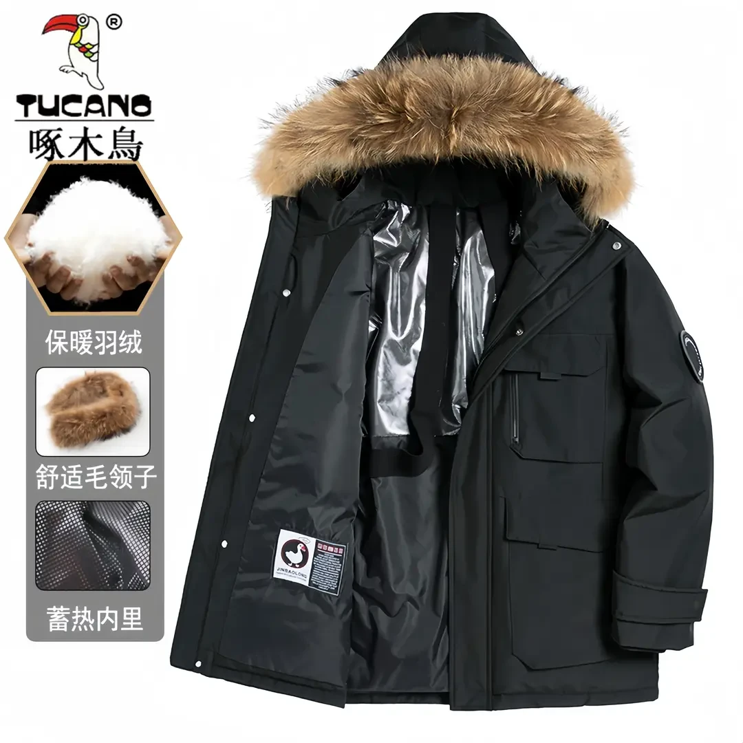 啄木鳥大毛领羽绒服情侣短款情侣装保暖工装防风冬季连帽男士外套