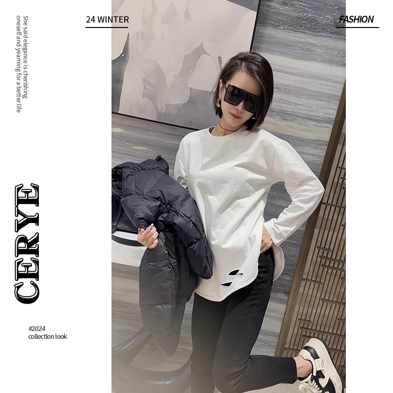 CERYE设计感下摆简约纯色开叉破洞打底白色T恤