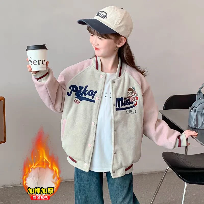 女童夹棉外套2024新款秋冬装中大儿童冬装加厚呢子卡通拼接棒球服