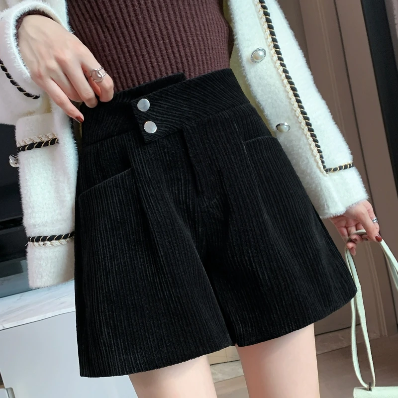 黑色雪尼尔短裤女外穿秋冬季2023新款高腰a字宽松显瘦休闲阔腿裤