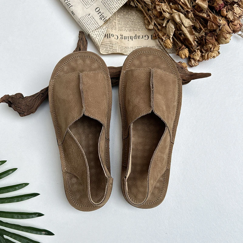 有恩家2024夏季舒适防滑森系轻便超软真皮复古软底鱼嘴凉鞋女鞋