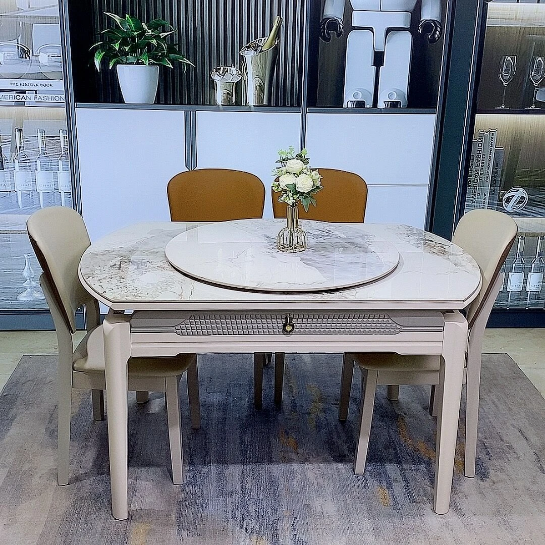 2025奶油白新款岩板餐桌可伸缩简约方圆两用现代轻奢实木餐桌家用