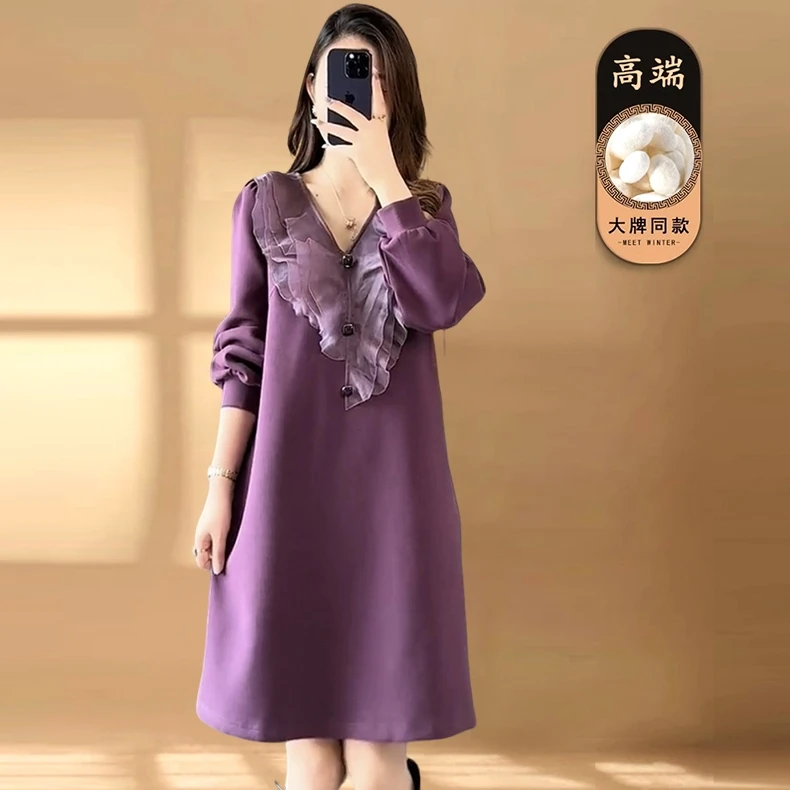 2024秋冬新款时尚复古洋气气质高级感荷叶边拼接显瘦中长款连衣裙