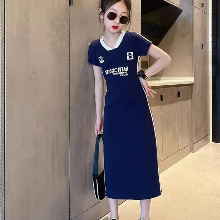 女童裙子夏季2025新款儿童长裙字母T恤裙夏装女孩洋气休闲连衣裙