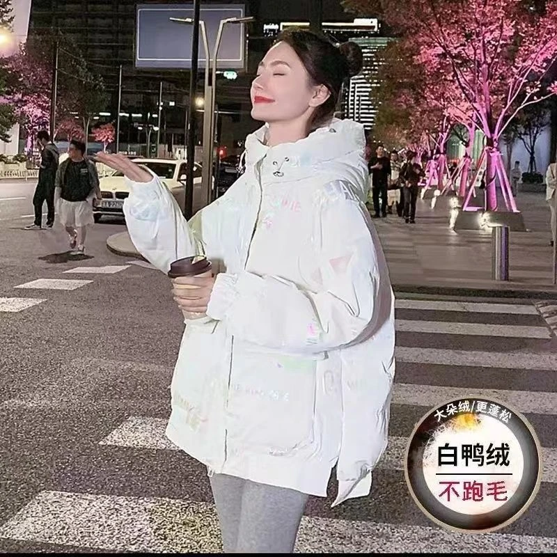 新款白鸭绒免洗亮面羽绒服女中长款炫彩2022冬季新款户外连帽RT