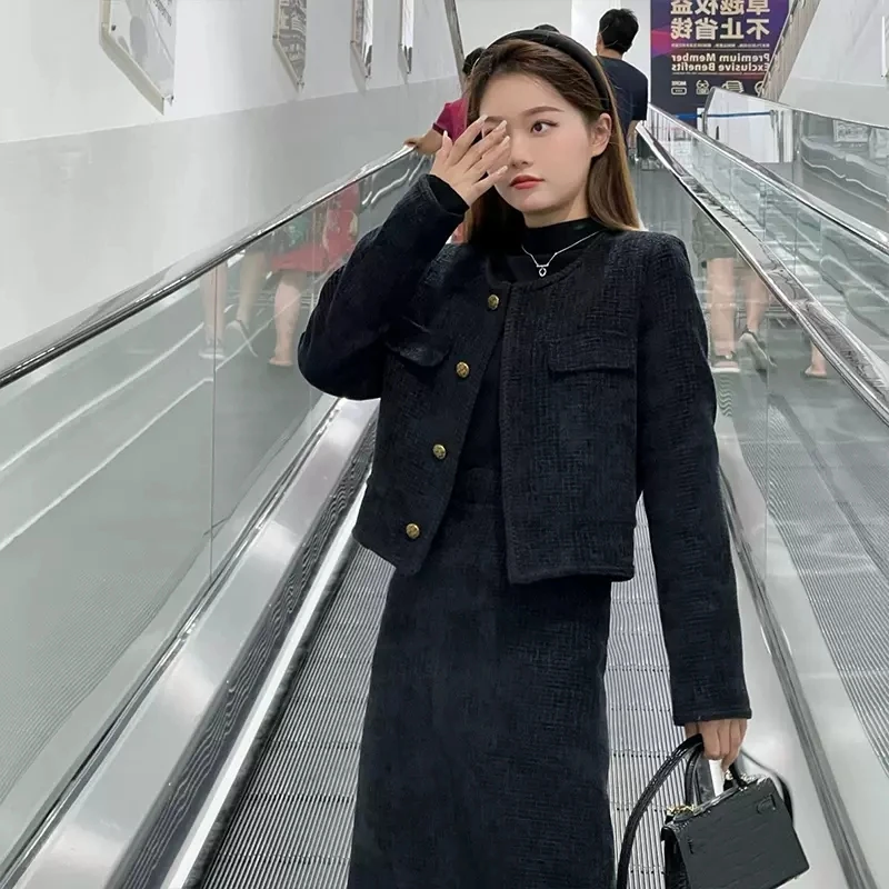 2023时尚黑色玛奇朵秋冬韩版小香风气质显瘦女装套装高腰百搭秋季