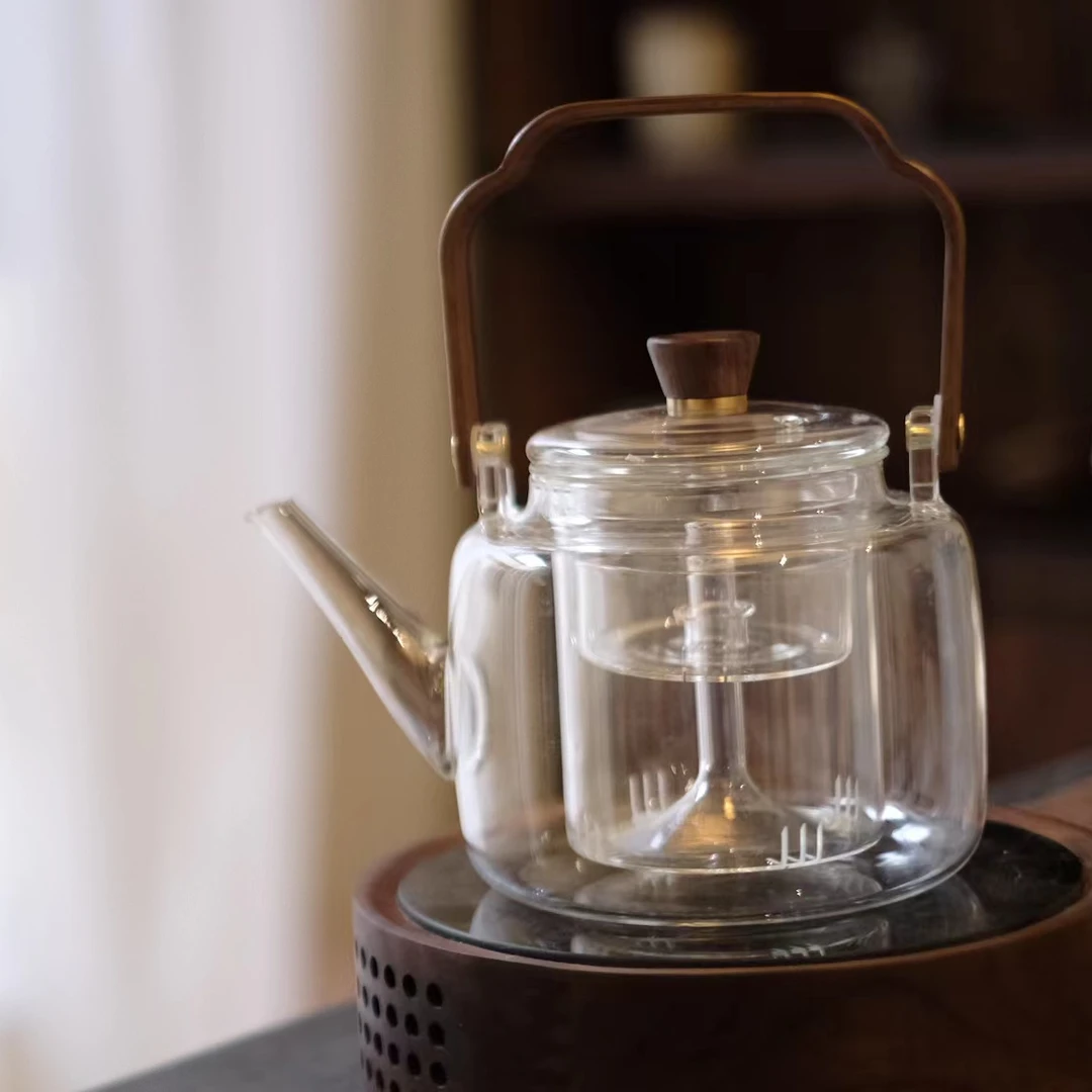 归荼茶事｜玻璃提梁壶胡桃木色柄