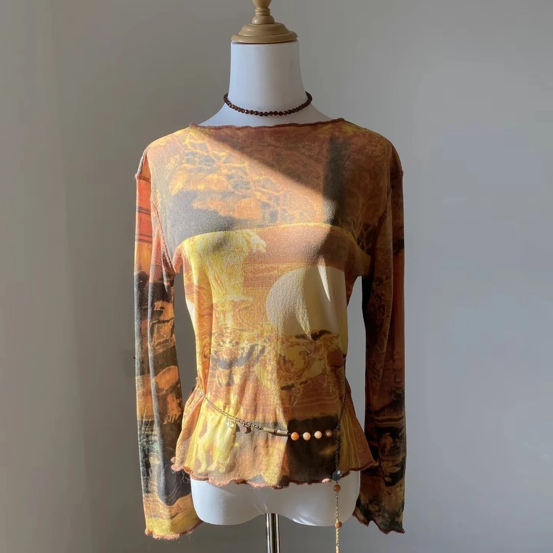 Vintage 网纱上衣重工网红复古印花碎花显瘦修身暗黑y2k