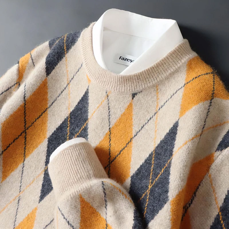 秋冬新款男士纯羊毛衫宽松圆领加厚拼色套头毛衣休闲商务针织打底