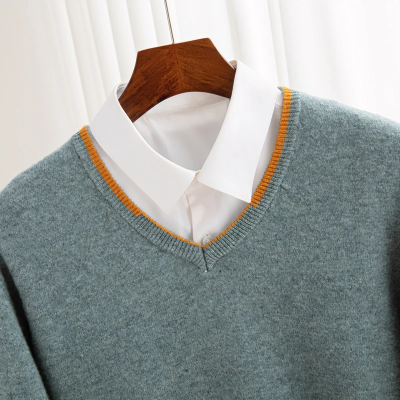 23秋冬新款纯羊毛衫男士宽松V领拼色套头毛衣休闲商务针织打底衫
