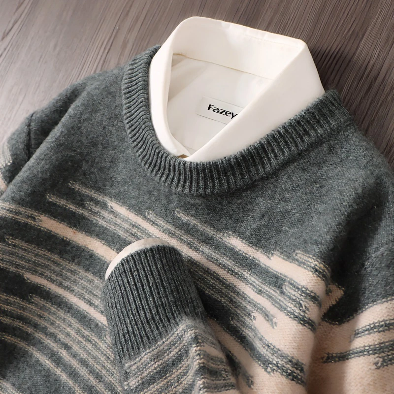 纯羊毛衫男士秋冬新款宽松圆领加厚套头拼色毛衣休闲商务针织打底