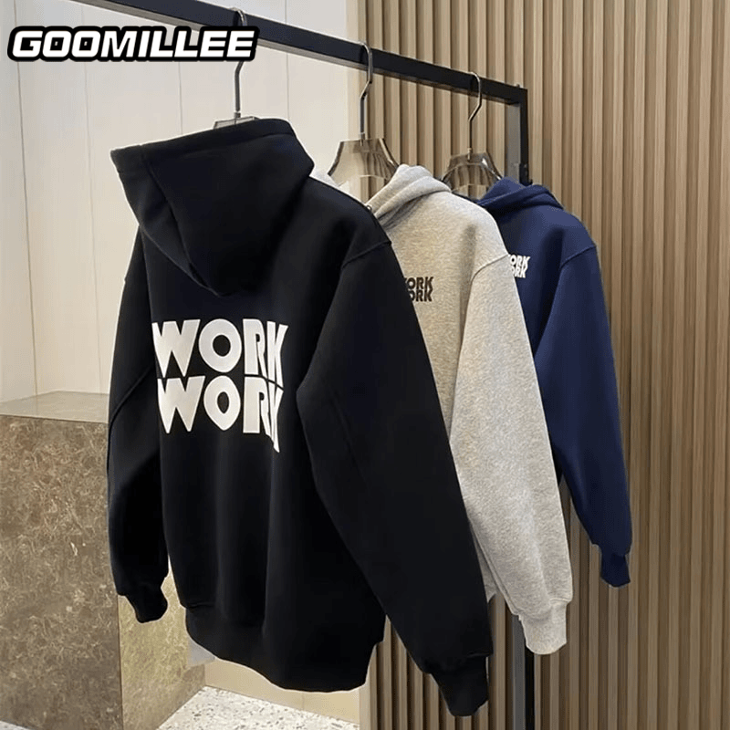 GOOMIL LEE连帽卫衣男冬季加绒加厚长袖外套潮牌字母印花休闲上衣