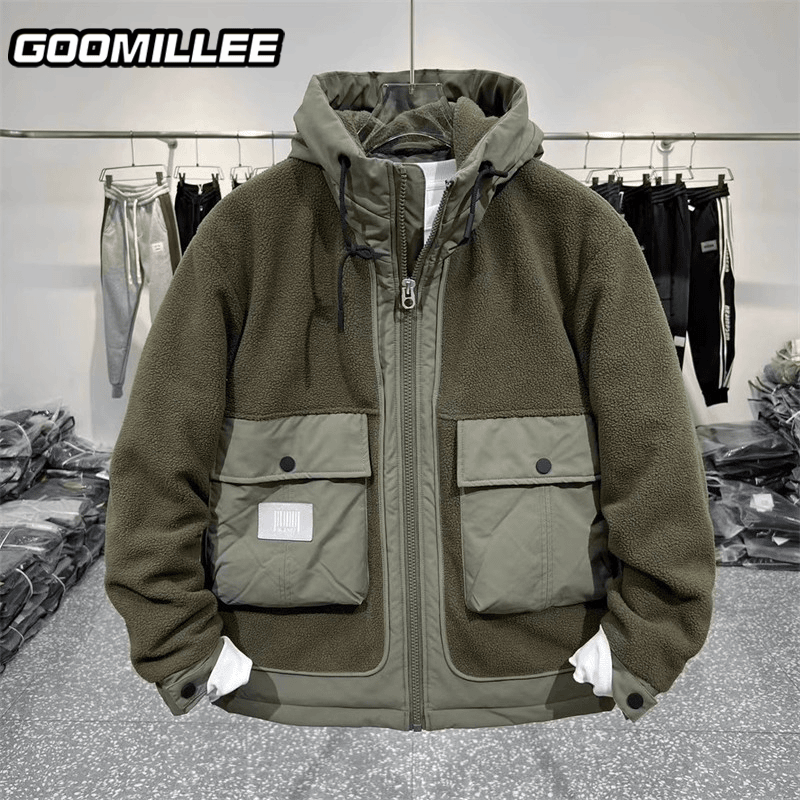 GOOMIL LEE摇粒绒外套男冬季加厚保暖工装夹克韩版大口袋连帽棉衣