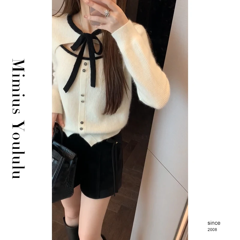 【mimius】B游鹿鹿 miu系小心机镂空系带蝴蝶结针织上衣 WF10002