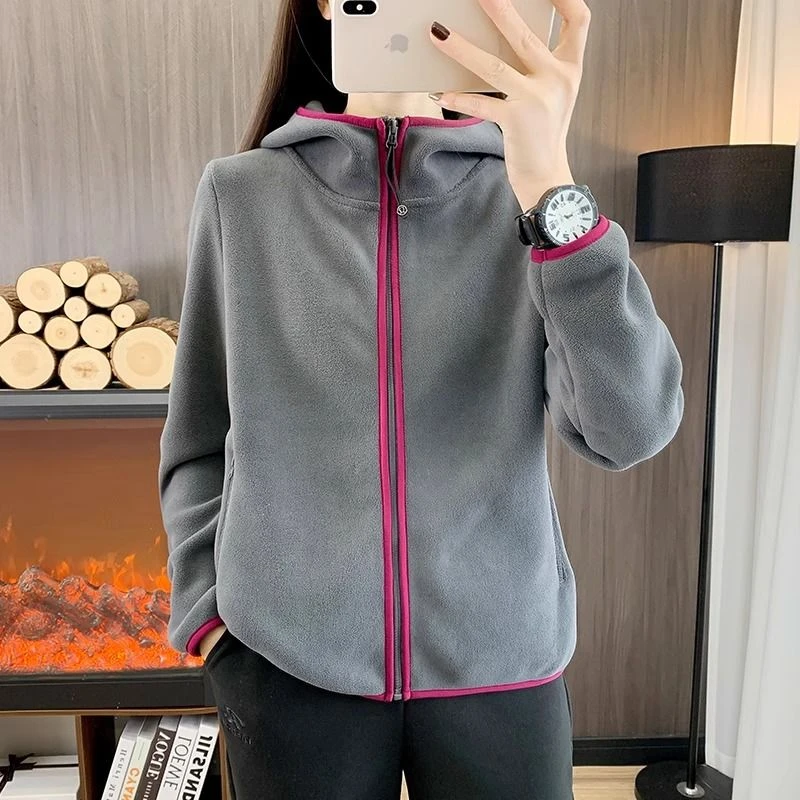 秋冬连帽抓绒衣女士加厚防风保暖摇粒绒外套徒步运动休闲开衫卫衣
