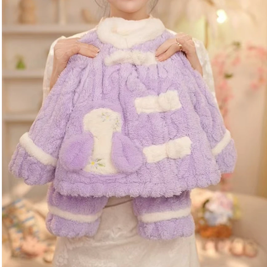 【现货3】2024年冬季女童贵妃紫三层夹棉加厚国风刺绣小兔子家居服