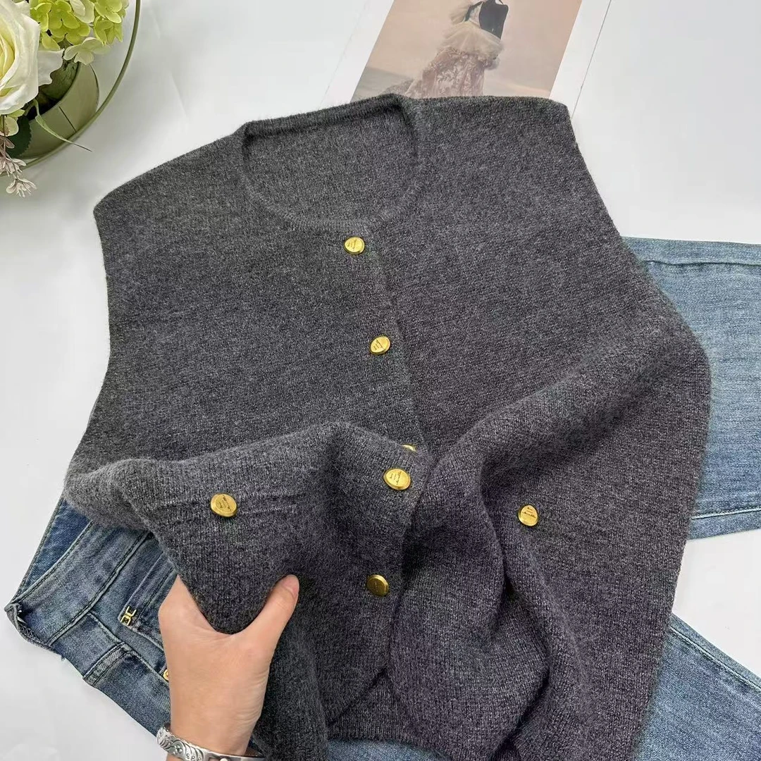 飞飞家 韩版360克重加厚保暖冬款小香风马甲针织开衫Y5703灰