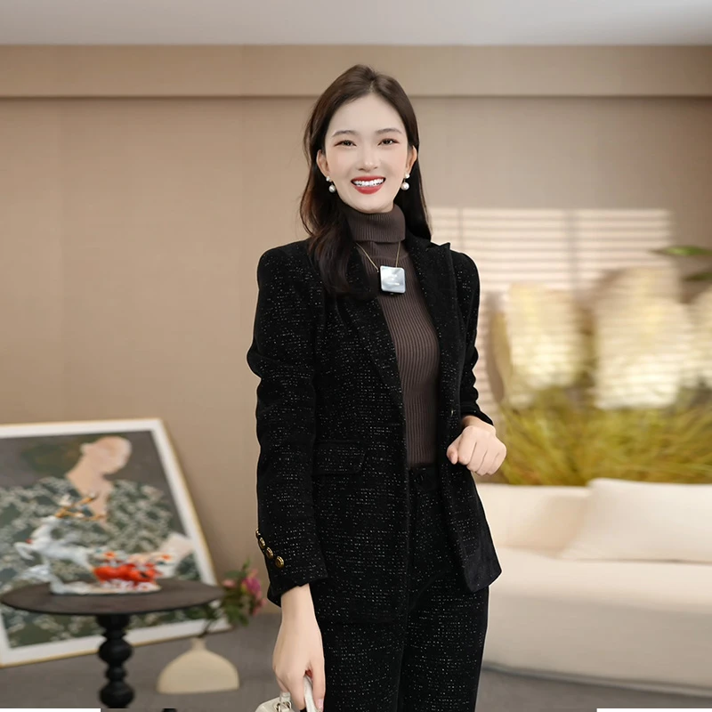 黑色加厚西装套装女2025秋冬新款百搭高级设计感亮闪西装套装