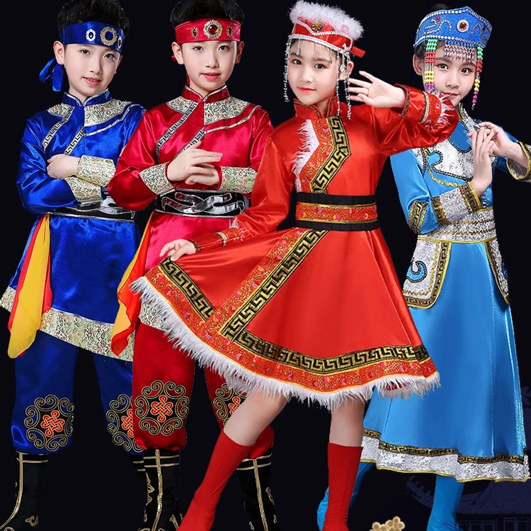 儿童演出服少数民族服装女童蒙古服装草原蒙族服表演服连衣裙套装