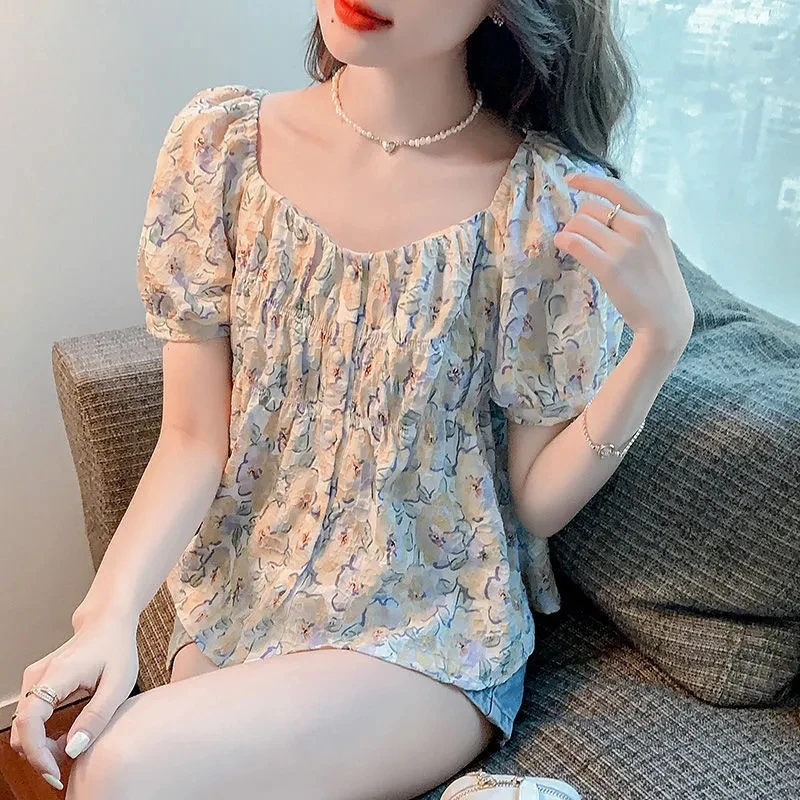 9930碎花短袖雪纺衬衫女夏季2024新款遮肚子小衫别致漂亮洋气上衣
