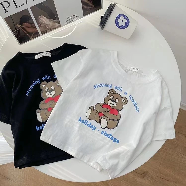 纯棉儿童夏字母小熊短袖T恤男女童装2025新款半袖上衣宝宝可爱ins