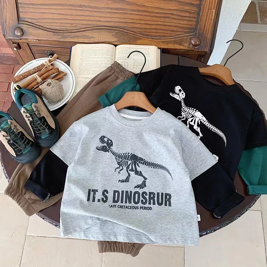 纯棉男童打底衫假两件长袖T恤宝宝休闲宽松卡通恐龙中小童圆领潮