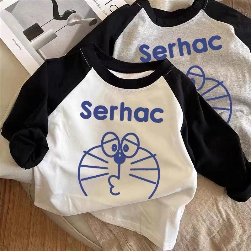 纯棉儿童T恤长袖男女童装上衣2025拼色叮当猫儿童打底衫春秋圆领