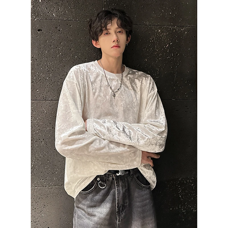 高级感金丝绒圆领卫衣男秋冬内搭打底长袖上衣潮男痞帅慵懒风潮牌