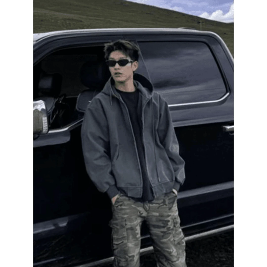 400g重磅开衫拉链卫衣男秋冬加绒cleanfit美式复古潮男深灰色外套