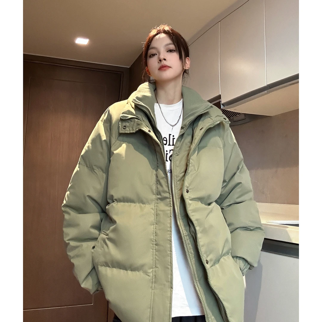 浅绿色双层领假两件棉服男冬季保暖加厚情侣棉衣外套oversize潮牌