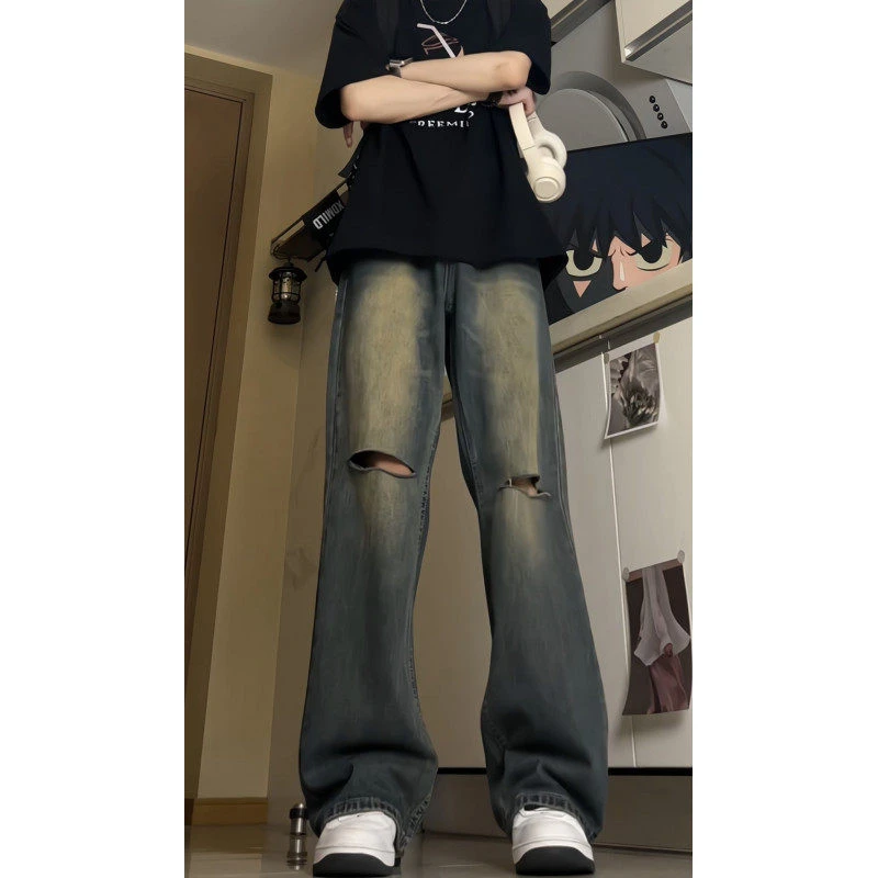 美式cleanfit破洞牛仔裤男微喇直筒宽松垂感阔腿做旧百搭潮男痞帅