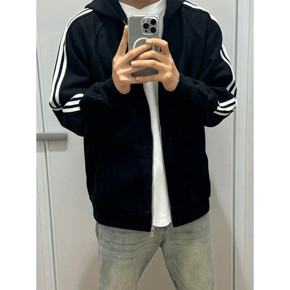 三条杠运动卫衣外套男春秋季400克重磅质感美式潮男痞帅休闲开衫