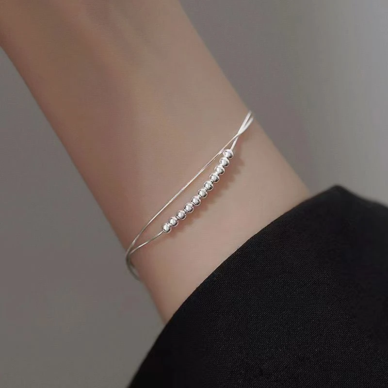 足银手链 纯银990双层小圆珠蛇骨链手链女精致百搭手饰闺蜜礼物夏