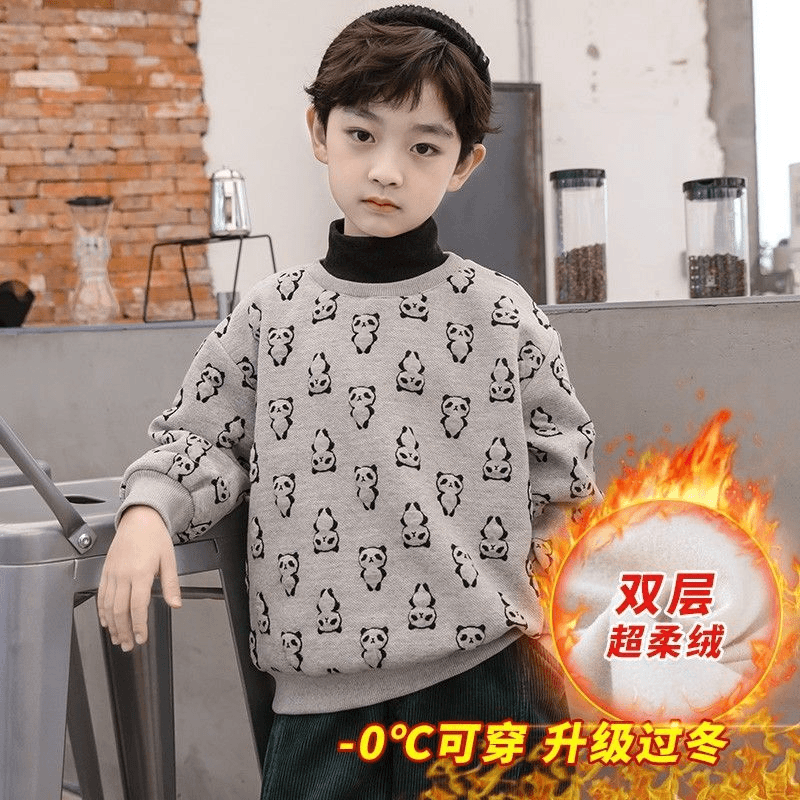 男童加绒卫衣一体绒潮2024新款中大童秋冬款儿童加厚半高领打底衫