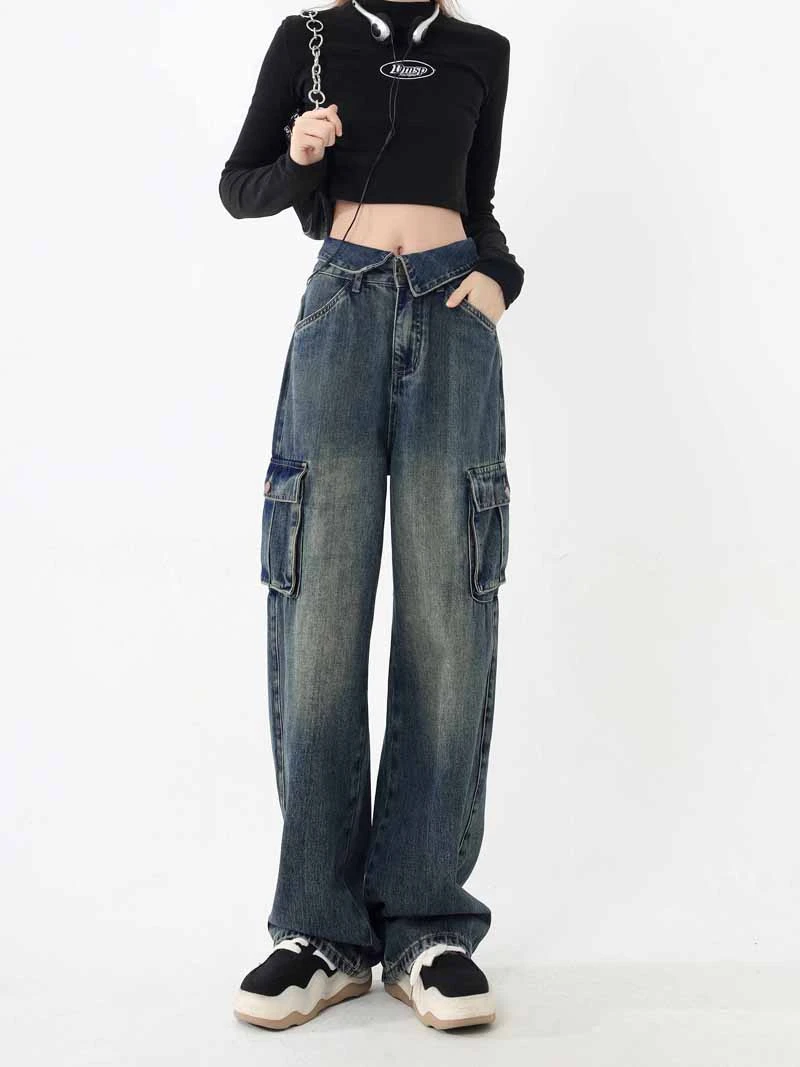 主推款街头时尚高街潮流工装牛仔裤美式复古翻遍大口袋宽松阔腿裤