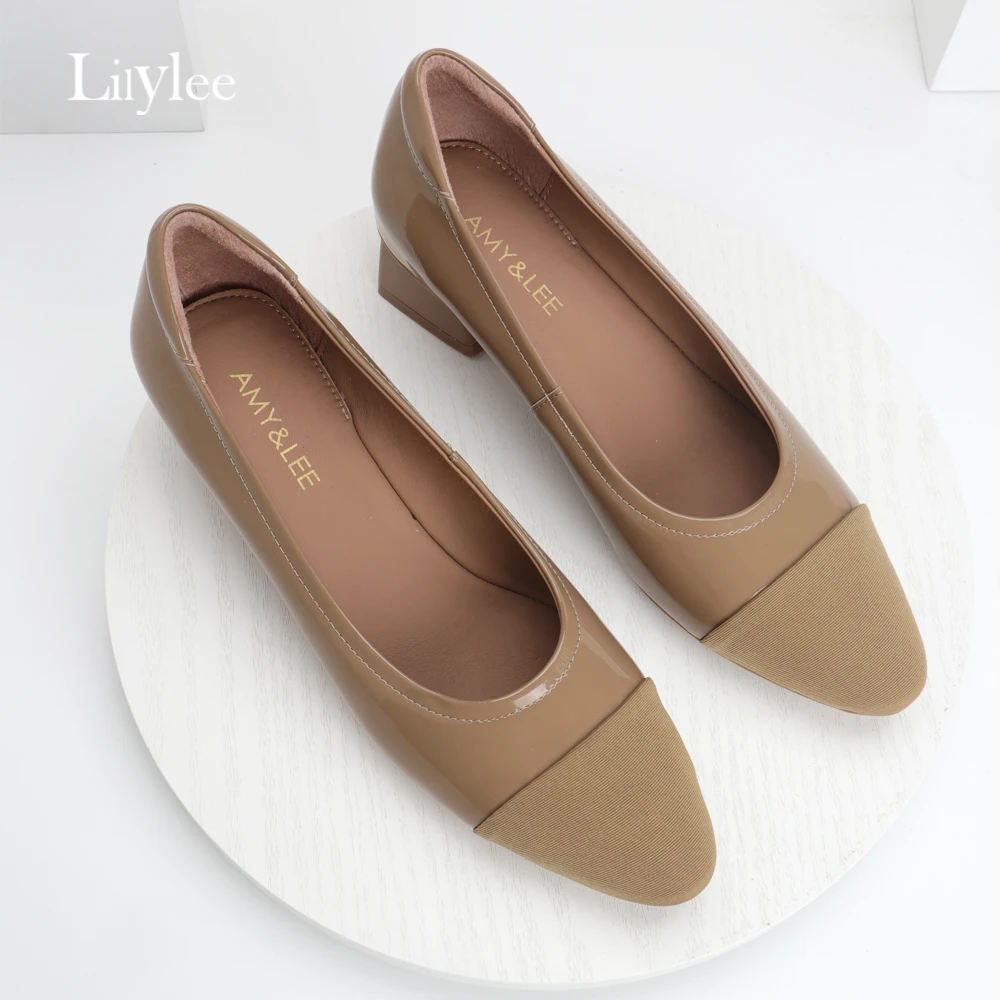 莉莉李上班鞋小尖头矮跟漆皮拼接小牛软漆皮3.5CM通勤百搭单鞋